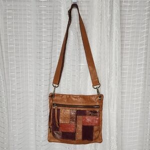 Y2K Hippy Boho Fossil leather Embossed patchwork crossbody bag in brown